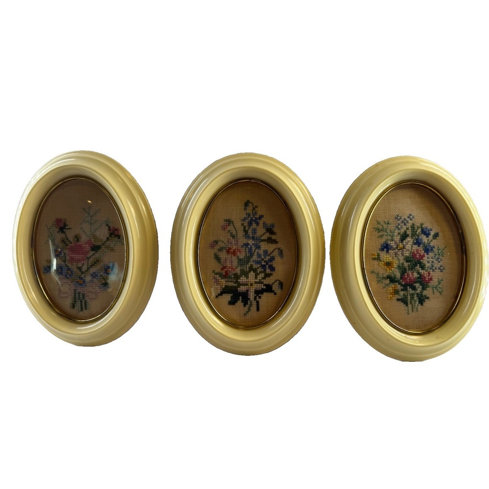 Vintage Floral Needlepoint Triptych Set 3 Oval Faux Bamboo 1970s Gallery Art